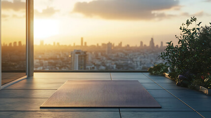 Fototapete - Empty yoga mat on the terrace with view of the city