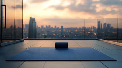 Poster - Empty yoga mat on the terrace with view of the city