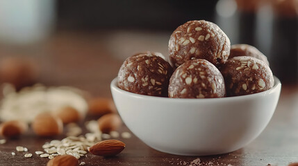 Poster - Energy protein balls with healthy ingredients, homemade with dates, peanut butter, flax and chia seeds, oats, almonds and chocolate drops