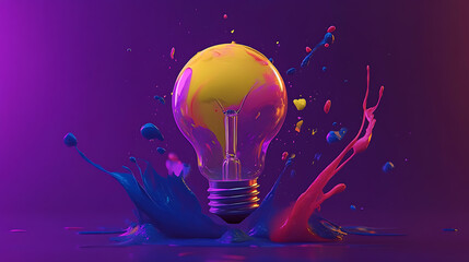 Poster - Eureka moment of creative inspiration concept with liquid paint merging into a colorful lightbulb on dark purple background