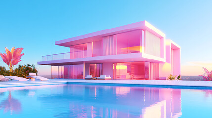 Poster - Exterior of modern minimalist cubic villa with balcony, terrace and swimming pool
