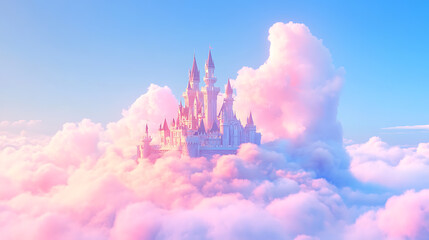 Poster - Fairy tale castle floating in pink clouds against blue sky