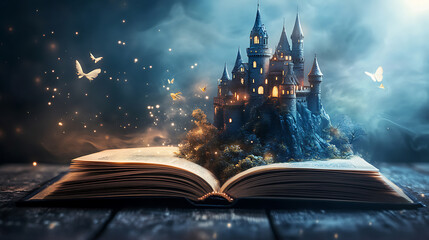 Poster - Fairytale concept, with open book and fairy tale castle