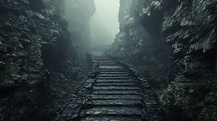 Poster - Fantasy empty stone road and steps between high cliffs