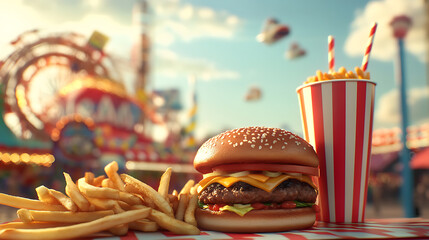 Poster - Hamburger and french potato fries with dip, top view of fast food burger