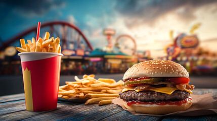 Poster - Hamburger and french potato fries with dip, top view of fast food burger