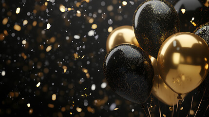Poster - Festive background with black and gold glitter balloons and confetti