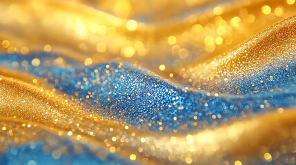 Poster - Festive glittering bokeh background with golden and blue hues, ideal for holiday season graphics