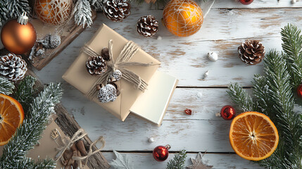 Poster - Festive decorations and a notebook with a wish list on a white rustic table