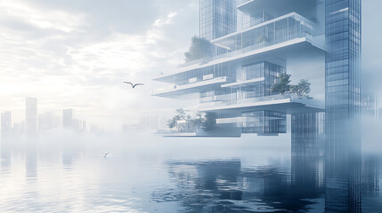 Poster - Floating building project concept, innovative architectural design principles to address challenges of space and environmental concerns, introducing a new perspective on urban planning