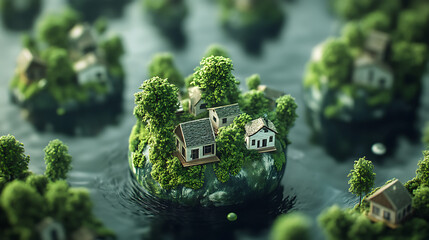 Poster - Floating mini world, planet earth with tiny houses with tiny trees