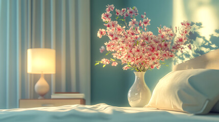 Poster - Flower vase on nightstand near beige bed, art deco style interior design of modern bedroom
