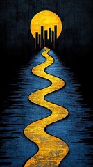 Poster - Minimalist Watercolor Illustration of a Cityscape with a Yellow River Under a Bright Moon at Night