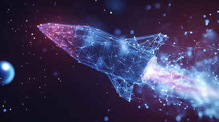 Aufkleber - Flying rocket with planets in space, low poly style design, abstract geometric background, wireframe light connection structure, modern 3d graphic concept, isolated illustration
