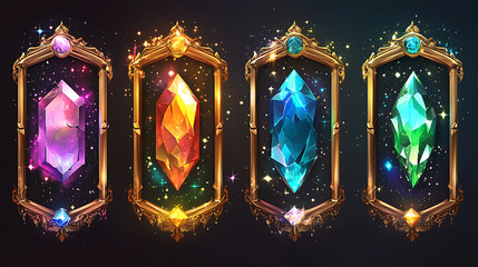Poster - For game gui ui design, precious stones in gold and silver frames with stars and fantasy frames, modern illustration
