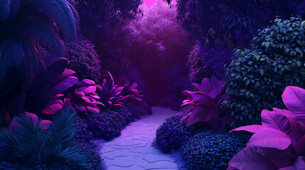 Poster - forest landscape with trees and bushes with purple light, with plants and stone path 3d illustration