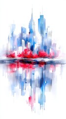 Poster - Watercolor Minimalist Cityscape Illustration Featuring Vibrant Red and Blue Hues with Mirrored Reflection Across a Calm Surface