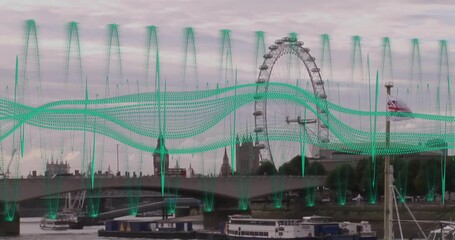 Poster - Green digital wave animation over cityscape with iconic Ferris wheel and river