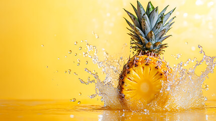 Poster - Fresh pineapple with splashing water on yellow background