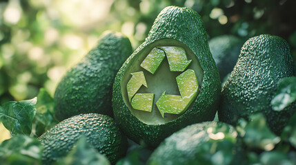 Poster - Fresh green avocados featuring a recycle symbol imprint, representing organic food choices and sustainable living, encourages composting and zero waste after consumption