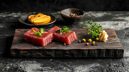 Poster - Fresh raw tuna fillet steak and sashimi on a wooden board