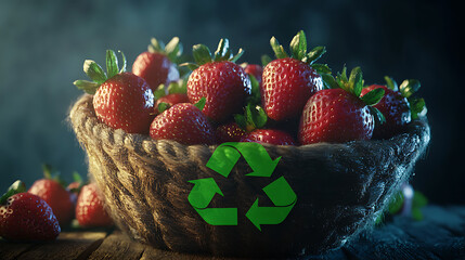Poster - Fresh ripe strawberries in a rustic basket adorned with a green recycle symbol, representing sustainable and organic food practices