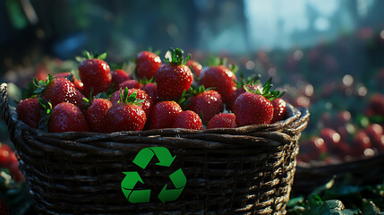 Poster - Fresh ripe strawberries in a rustic basket adorned with a green recycle symbol, representing sustainable and organic food practices