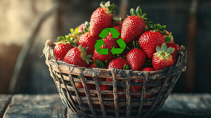 Poster - Fresh ripe strawberries in a rustic basket adorned with a green recycle symbol, representing sustainable and organic food practices