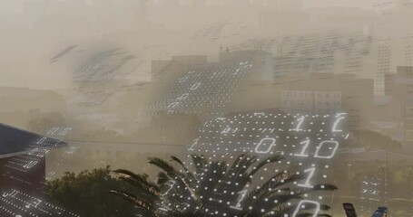 Poster - Binary code animation over cityscape with palm trees and buildings