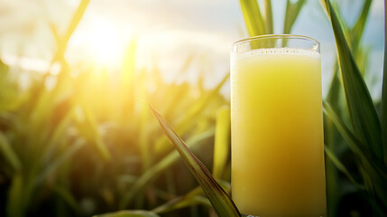 Poster - Freshly squeezed sugarcane juice against the backdrop of agriculture in the sugarcane plantations
