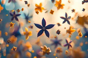 Poster - Ethereal depiction of floating flowers and seeds against a soft, bokeh-filled background, with a focus on serene blue and golden hues, conveying a sense of tranquility