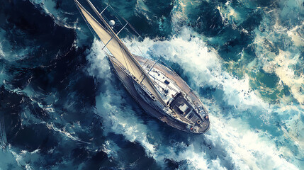 Poster - From above view sailing boat on rough sea, illustration
