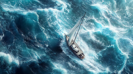 Poster - From above view sailing boat on rough sea, illustration