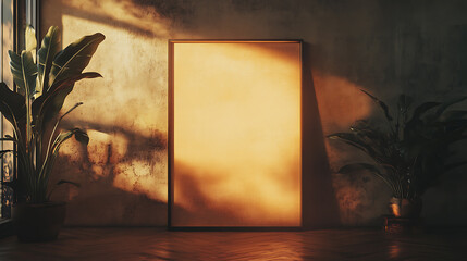 Aufkleber - Front view of a blank light wall with sunlight shadow, wooden floor and empty space for image frame, mockup