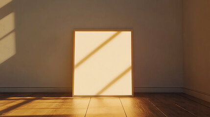 Poster - Front view of a blank light wall with sunlight shadow, wooden floor and empty space for image frame, mockup