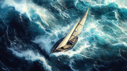 Poster - From above view sailing boat on rough sea, illustration