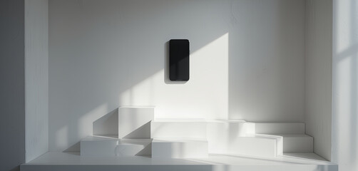 Poster - Bright sunlight casts sharp shadows in a minimalist space highlighting white stairs and a dark vertical element. The clean lines create a serene atmosphere in the interior design