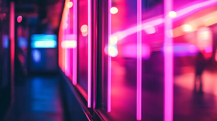 Poster - Futuristic background with blurred fluorescent uv led illumination, defocused neon pink light on dark abstract overlay