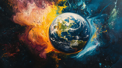 Poster - Abstract colorful painting of planet, earth on dark background