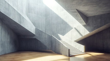 Leinwandbilder - Abstract free form concrete geometric interior with stairs, wooden flooring and mock up place on wall, architectural space concept, 3d rendering
