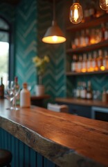 Poster - Wooden bar table, blurred background. Decorative bottles, glasses, lamps, lighting. Interior design in a restaurant. City bar restaurant design, night bar, modern pub, cafe.
