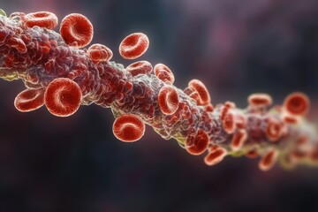 Poster - The photo depicts a cluster of red blood cells flowing through a vein Closeup detailed view of sickle cells in the bloodstream.