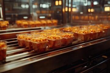 Poster - Rows of packaged food items move along a conveyor in a food processing plant, showcasing mass production and quality control, with a focus on efficiency and automated systems.