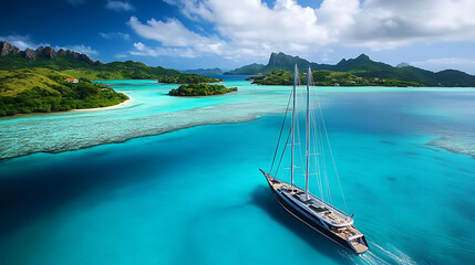 Poster - Aerial view of a luxury sailing boat in clear tropical blue water