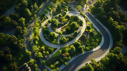 Aufkleber - Aerial view of a modern green infrastructure development, showcasing eco-friendly roads, sustainable and nature friendly road