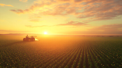 Poster - Aerial view of a tractor spraying pesticides on a green soybean plantation at sunset, the image was generated using stock