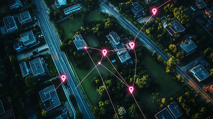 Fototapete - Aerial view of property mapping with location markers and connected lines highlighting land plots