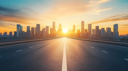 Fototapete - Against the backdrop of a sunny sunset, a modern city with skyscrapers roads and developed infrastructure, 3d rendering
