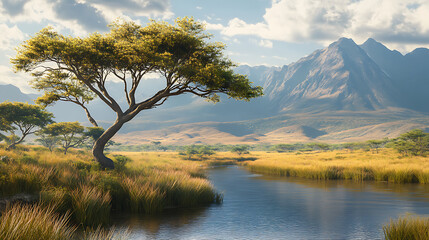 Poster - african savannah with river, trees and mountains on the horizon