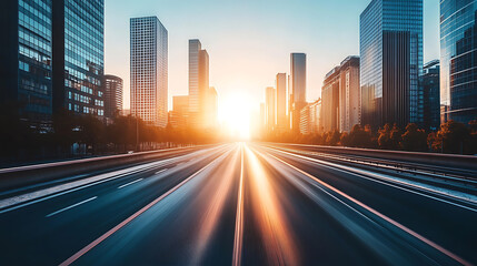 Poster - Against the backdrop of a sunny sunset, a modern city with skyscrapers roads and developed infrastructure, 3d rendering